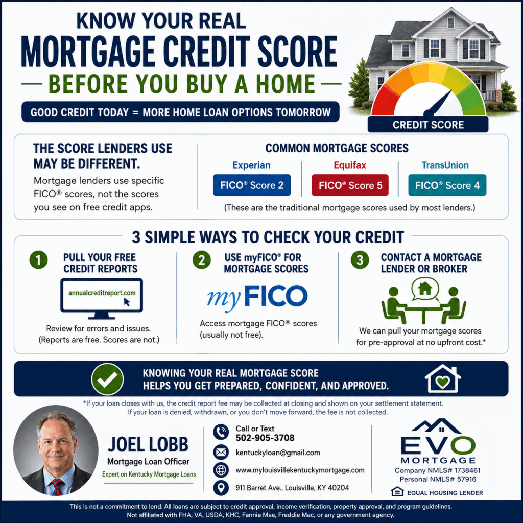 Consumer Credit Scores Are Not Always Mortgage Scores

Many free credit score websites show VantageScore or newer consumer FICO models. Those scores can be useful for general credit monitoring, but they may not match the mortgage scores used for FHA, VA, USDA, KHC, or conventional loan approval.